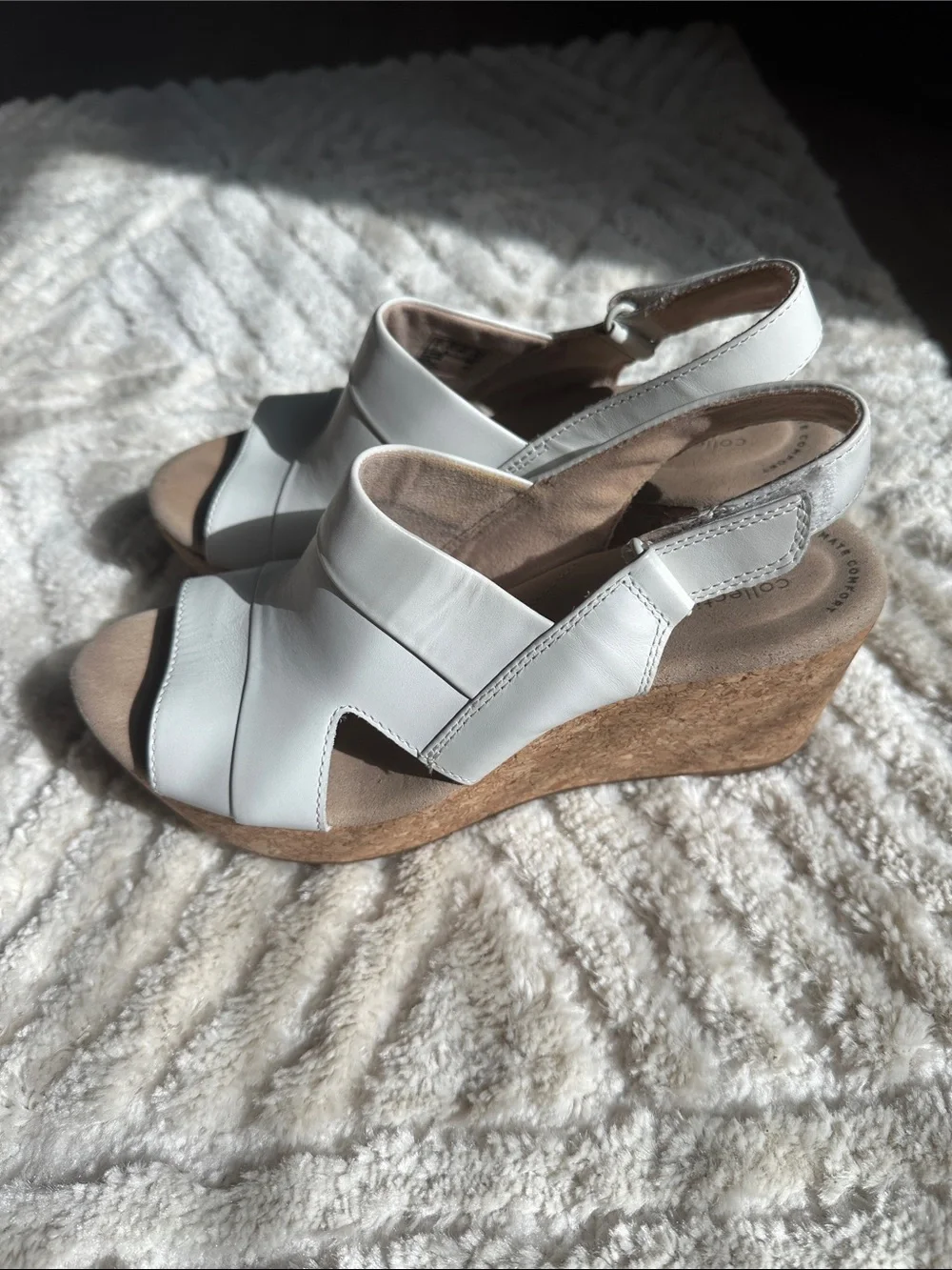 Clarks White Leather Cork Wedge Slingback Sandals